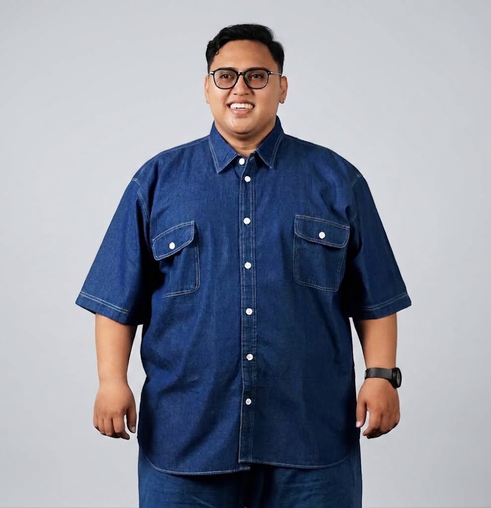 Kemeja Jeans Lengan Pendek Big Size Biru Tua (3XL-8XL) Bigjordan