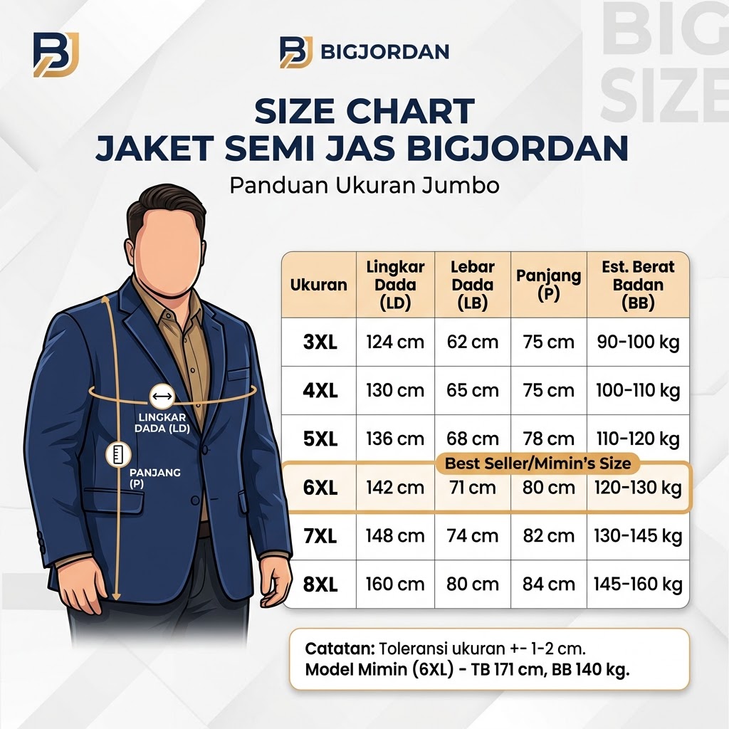 Jaket Semi Jas Big Size Hitam BigJordan - Bahan High Twist Premium (6XL - 8XL) 3