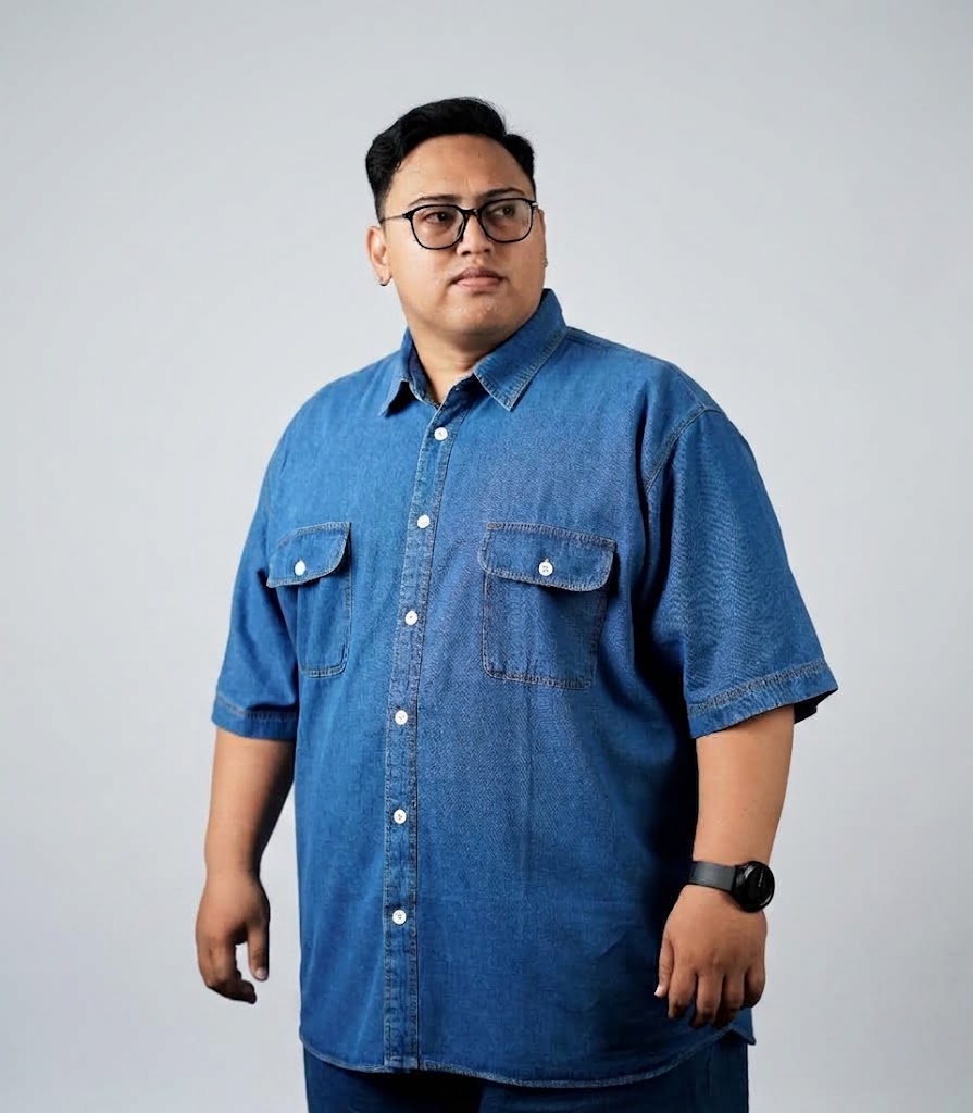 Kemeja Jeans Lengan Pendek Big Size Biru Denim (3XL-8XL) Bigjordan