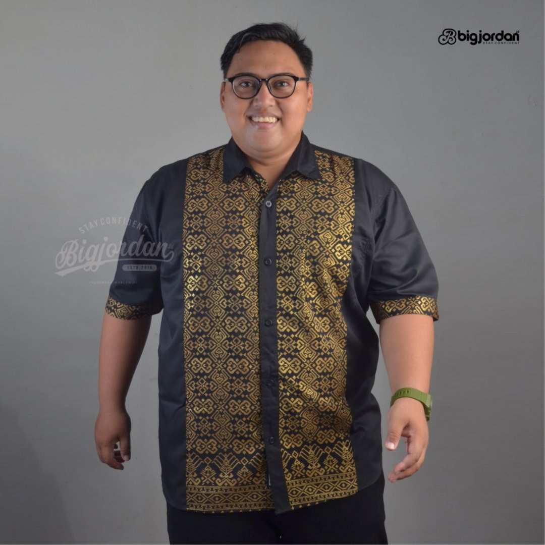 BAUTISTA - KEMEJA BATIK EMAS KOMBINASI KATUN HITAM